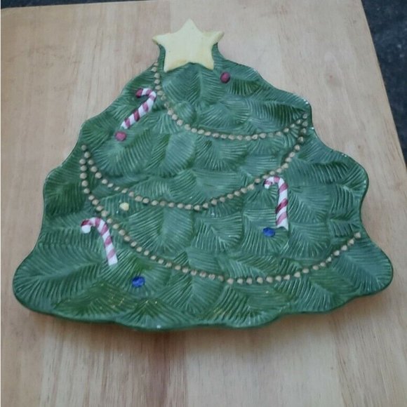 PORCELAIN CHRISTMAS TREE ORNAMENT SHAPED SERVING DISH PLATTER VINTAGE - Picture 2 of 3